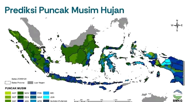 Badan Meteorologi, Klimatologi, dan Geofisika (BMKG) mengingatkan semua pihak untuk siaga menghadapi puncak musim hujan yang diperkirakan berlangsung mulai November 2025 hingga Februari 2026.
