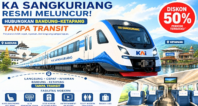 KAI resmi meluncurkan Kereta Api (KA) Sangkuriang, yang melayani rute langsung dari Stasiun Bandung menuju Stasiun Ketapang tanpa transit.